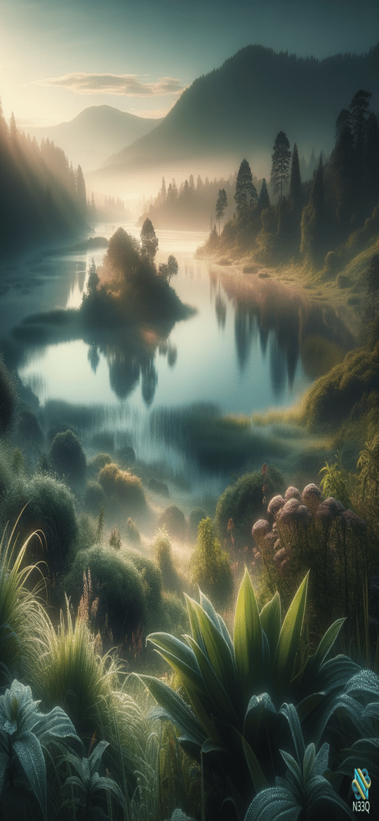 Misty Lake with Forested Hills at Dawn