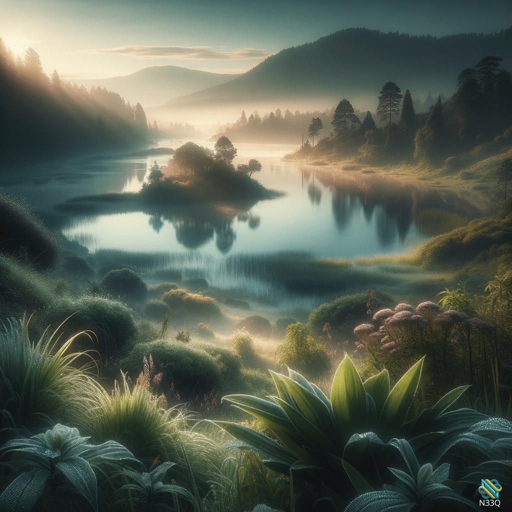 Misty Lake with Forested Hills at Dawn