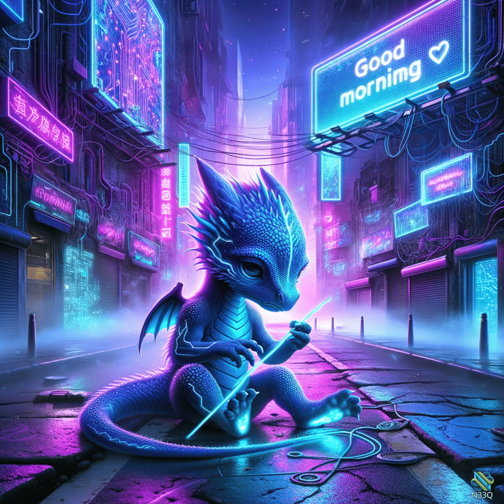 Blue Dragon in Neon Cyberpunk Alley