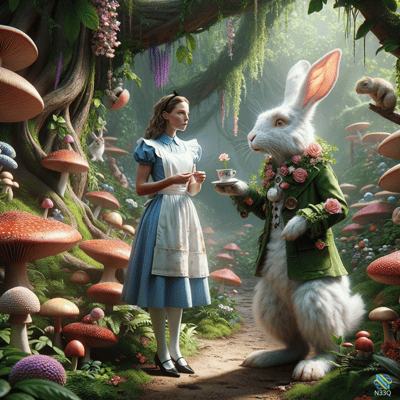 Alice and the White Rabbit in Mushroom Forest