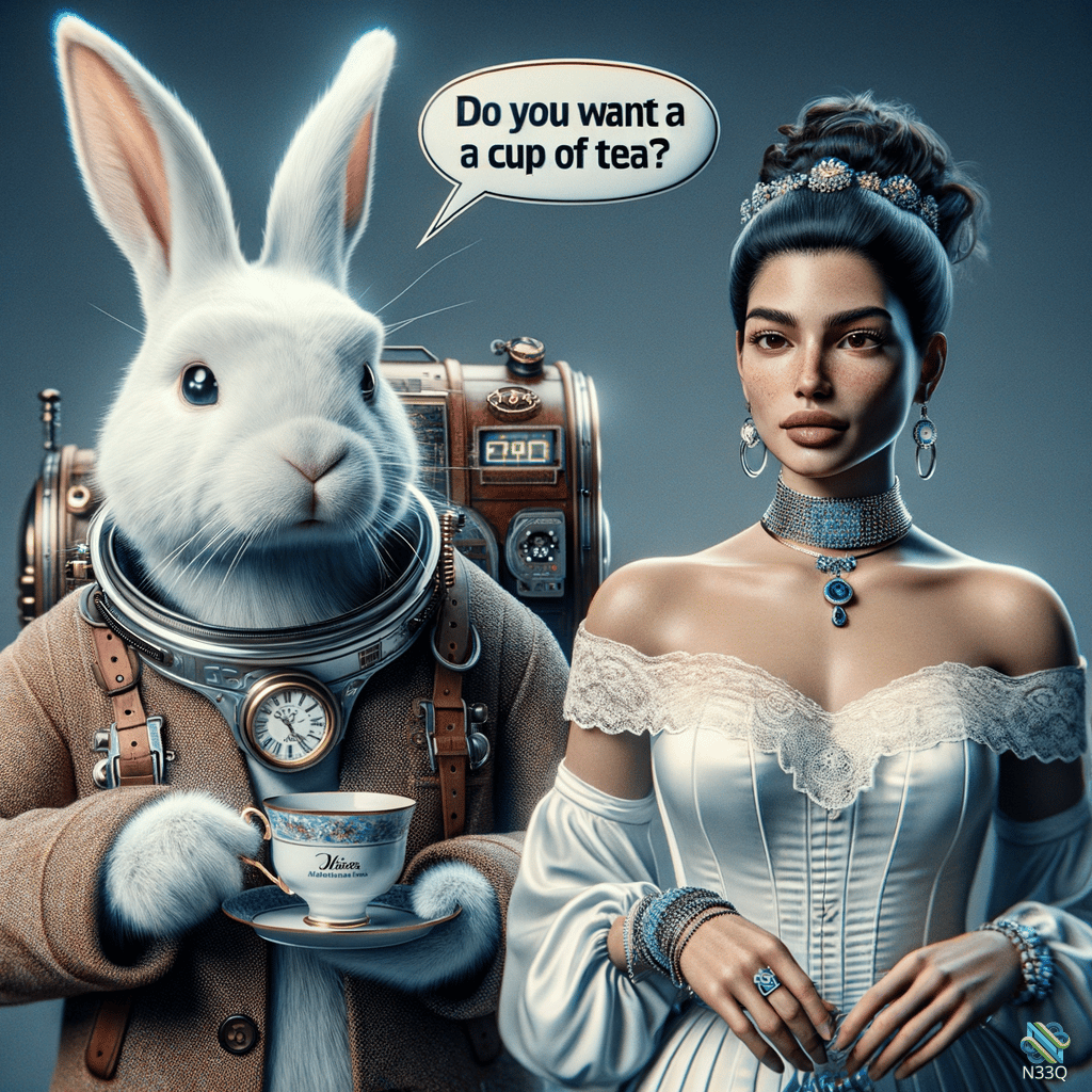 Steampunk Rabbit Offering Tea to Victorian Woman