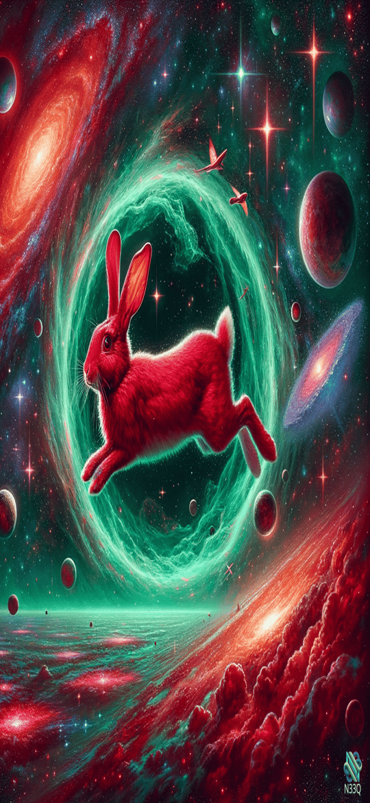 Red Rabbit Leaping Through Cosmic Nebula