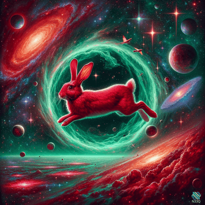 Red Rabbit Leaping Through Cosmic Nebula