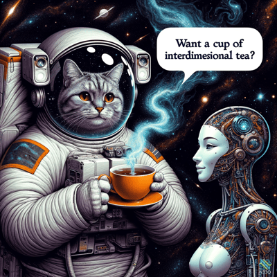 Astronaut Cat Offers Tea to Cyborg