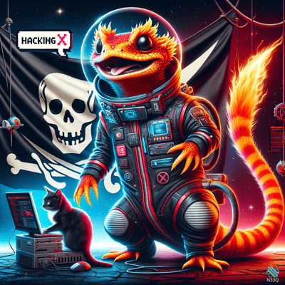 Orange Lizard Astronaut with Black Cat