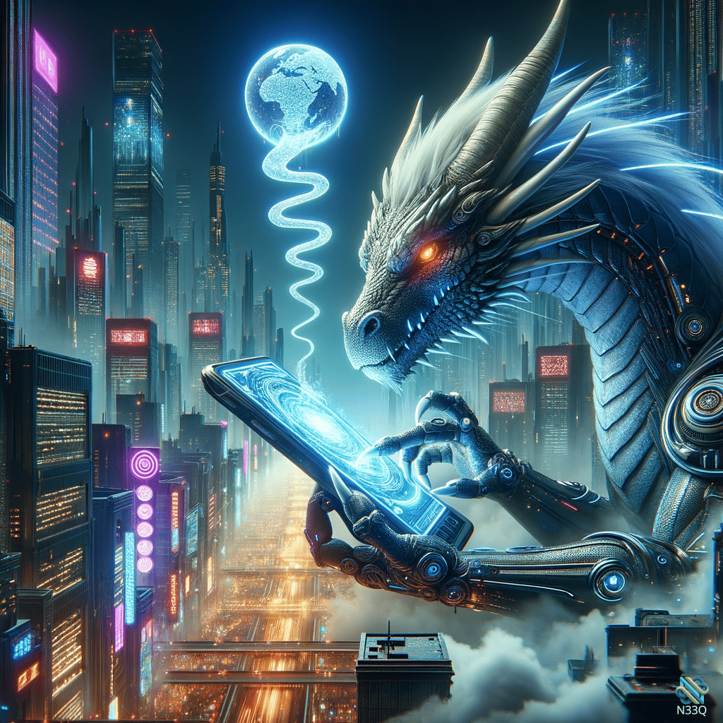 Cybernetic Dragon Using Holographic Device in Neon City