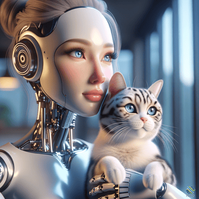 Cyborg Woman Holding Blue-Eyed Tabby Cat