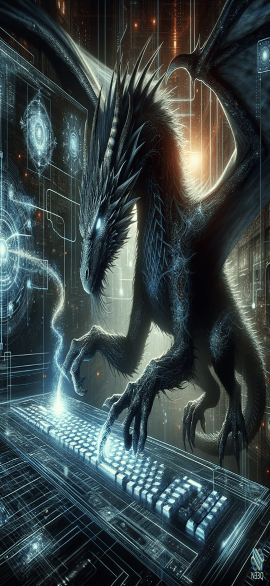 Black Dragon Typing on Futuristic Keyboard