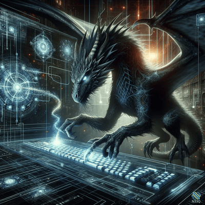 Black Dragon Typing on Futuristic Keyboard