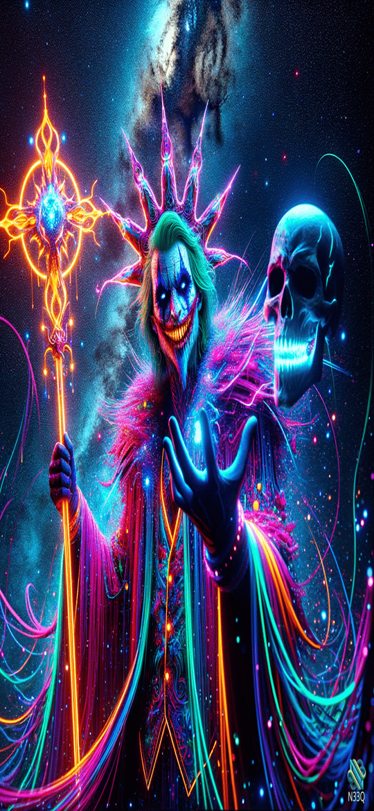 Neon Joker Wizard with Glowing Staff and Skull