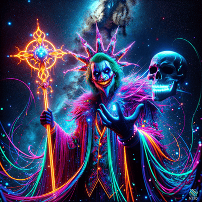Neon Joker Wizard with Glowing Staff and Skull