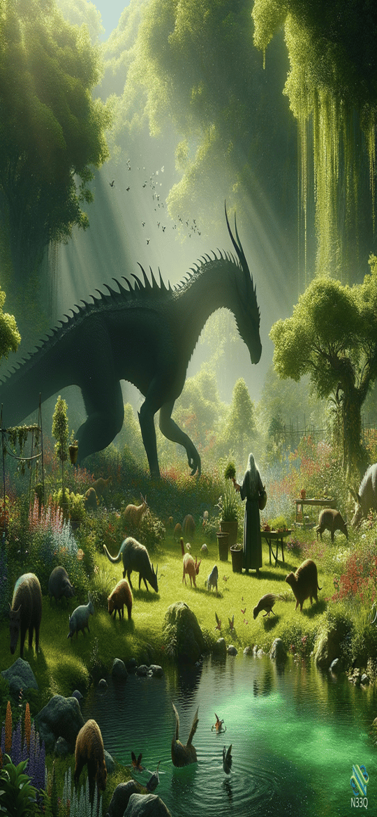 Black Dragon in Sunlit Forest Clearing