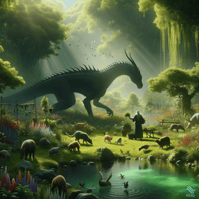 Black Dragon in Sunlit Forest Clearing