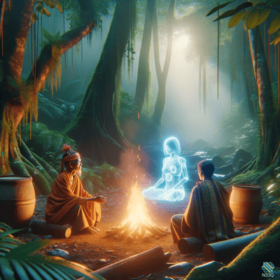 Shamans with Holographic Figure at Jungle Fire