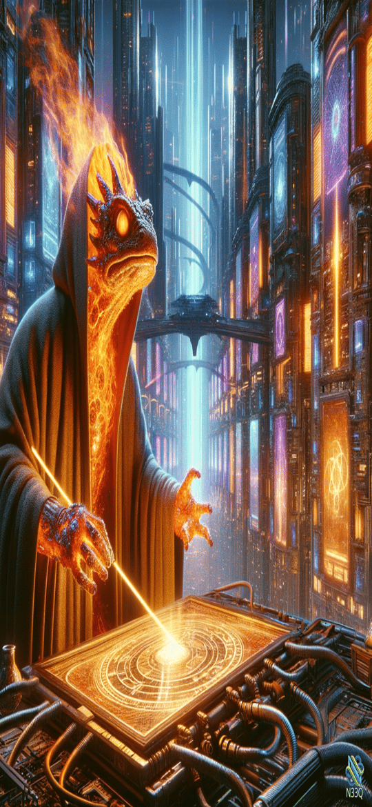 Fiery Reptilian Mage in Neon Cyberpunk City