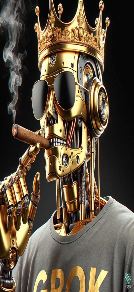 Golden Cyborg Skull King Smoking Cigar