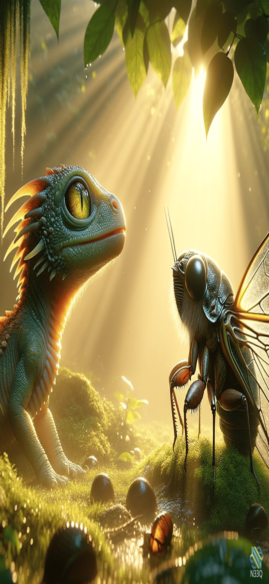 Blue Lizard Facing Large Fly in Jungle