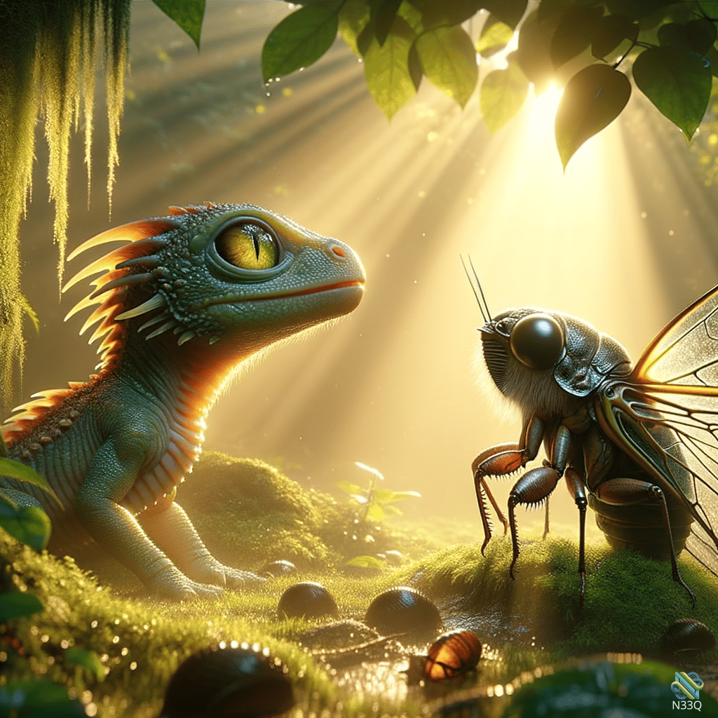 Blue Lizard Facing Large Fly in Jungle