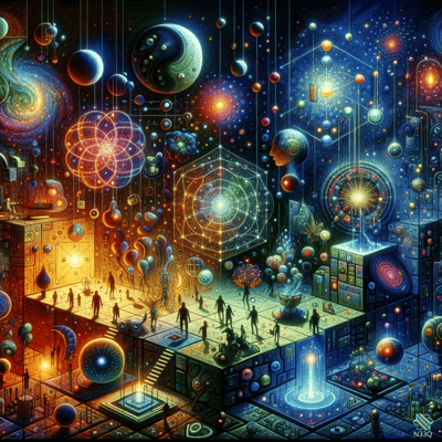 Floating Cosmic Platforms with Planets and Figures