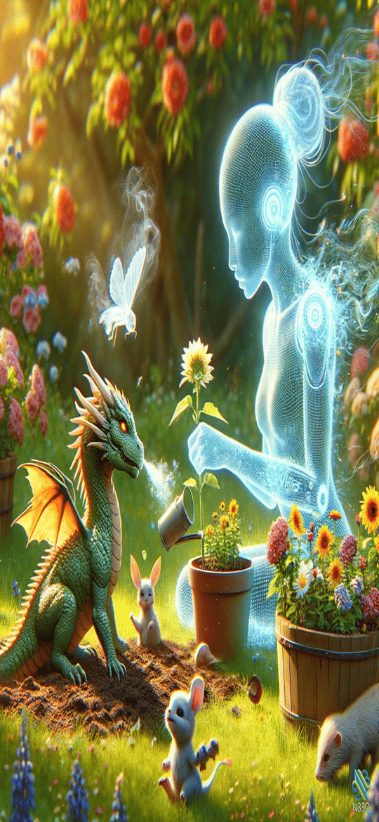 Green Dragon and Holographic Woman in Flower Garden