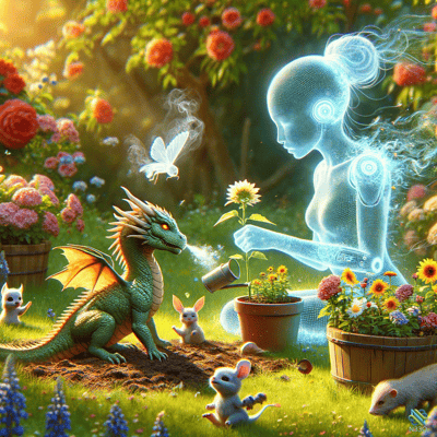 Green Dragon and Holographic Woman in Flower Garden