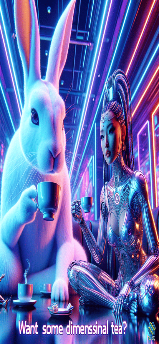 Giant Rabbit and Cyborg Sharing Tea