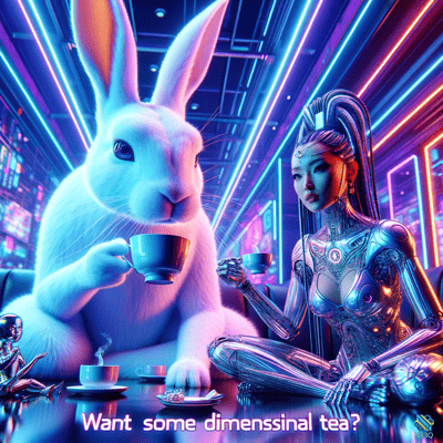 Giant Rabbit and Cyborg Sharing Tea