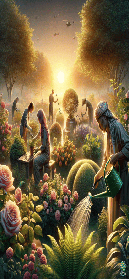 Watering Roses in Lush Garden at Sunset