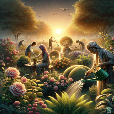 Watering Roses in Lush Garden at Sunset
