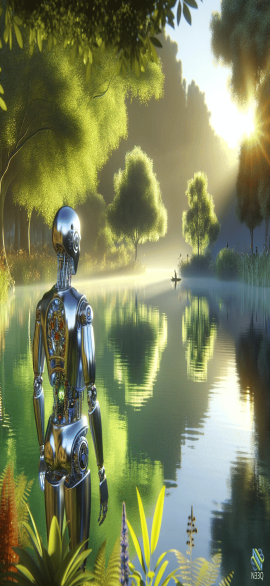 Robot Standing by Sunlit Forest Lake