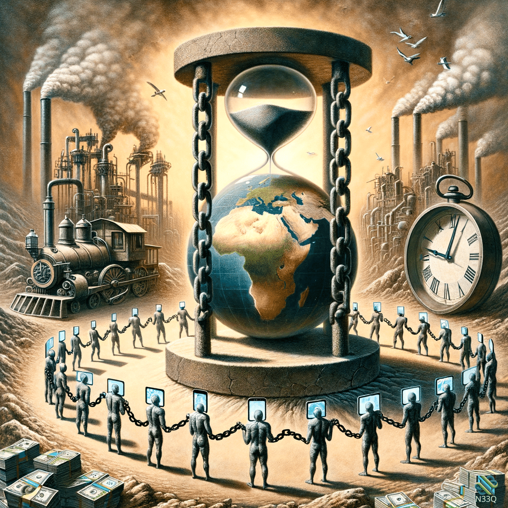 Earth Hourglass Surrounded by Chained Humanity