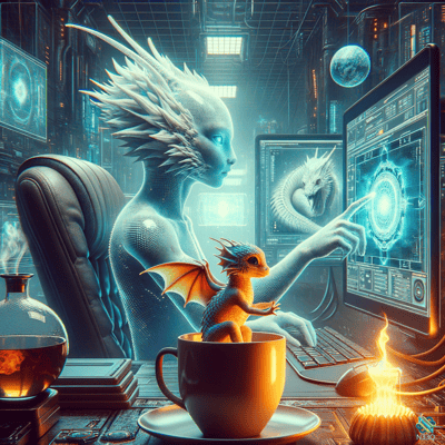 Ice Dragon Operating Futuristic Screens with Baby Dragon