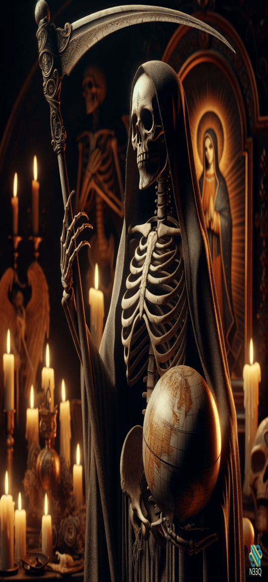 Grim Reaper Holding Globe and Scythe