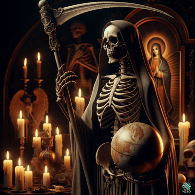 Grim Reaper Holding Globe and Scythe
