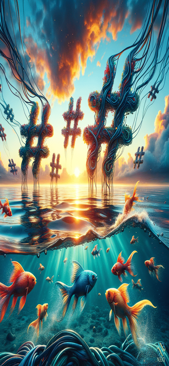 Organic Hashtags Rising Over Sunset Ocean with Goldfish