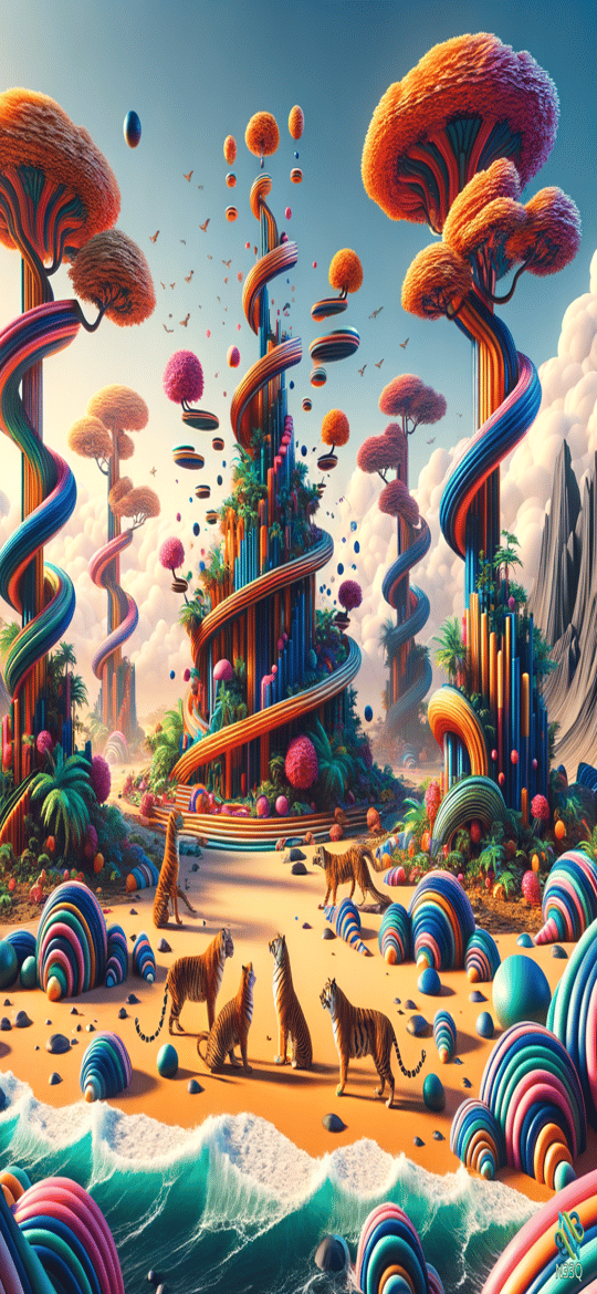 Tigers on Beach with Rainbow Spiral Trees