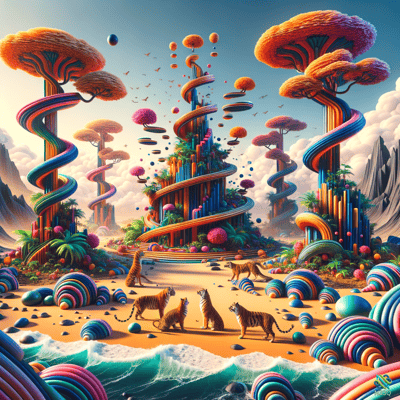Tigers on Beach with Rainbow Spiral Trees
