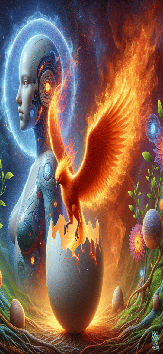 Cyborg Woman and Phoenix from Cracked Egg