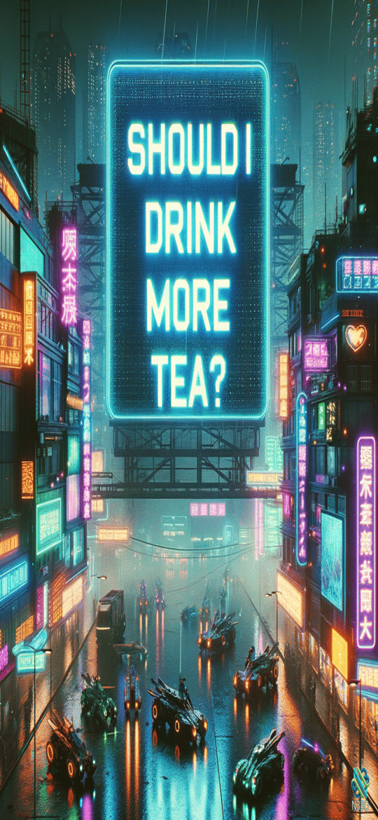 Neon Tea Billboard in Cyberpunk City