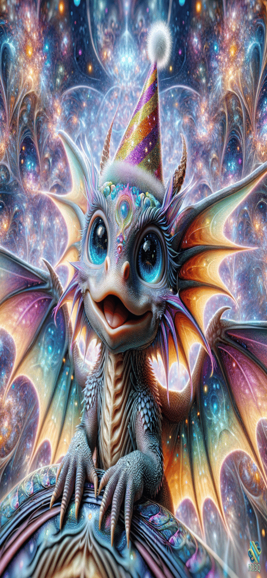 Cute Dragon Wearing Party Hat in Space
