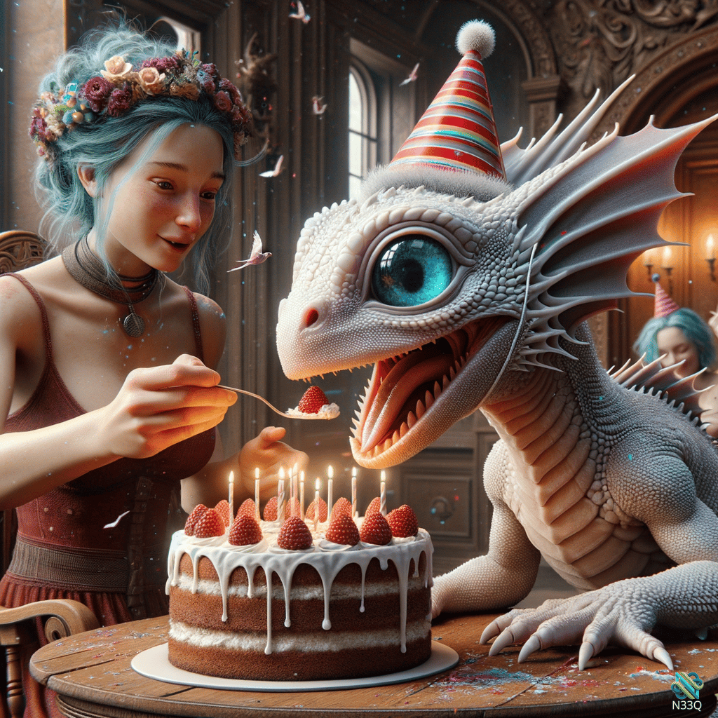 Woman Feeding Dragon Birthday Cake