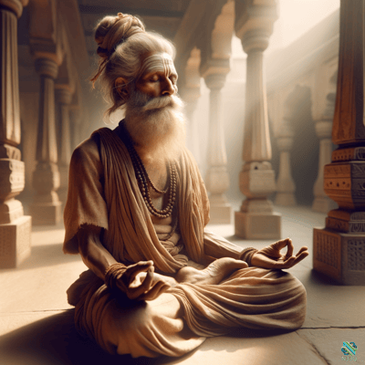 Elderly Yogi Meditating in Ancient Temple