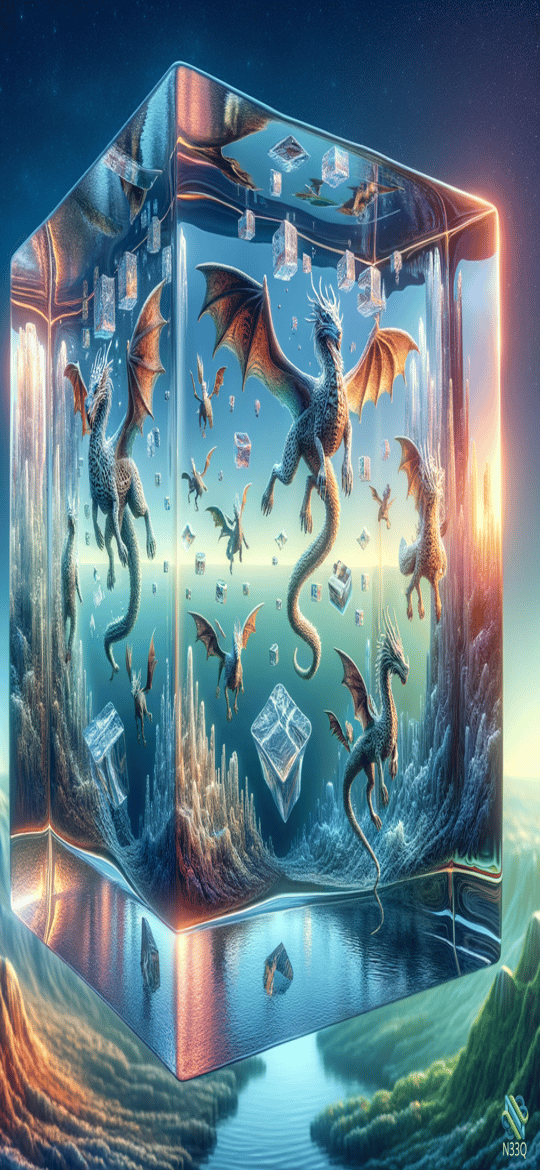 Dragons Flying Inside Glowing Glass Cube