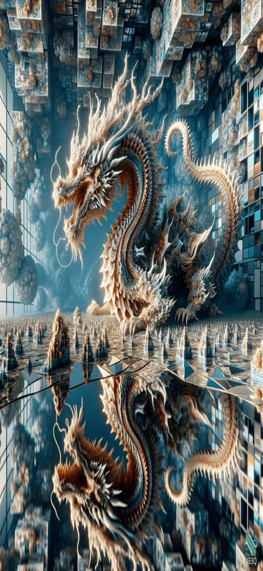 Dragon in Reflective Surreal Hall