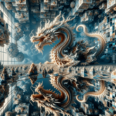 Dragon in Reflective Surreal Hall