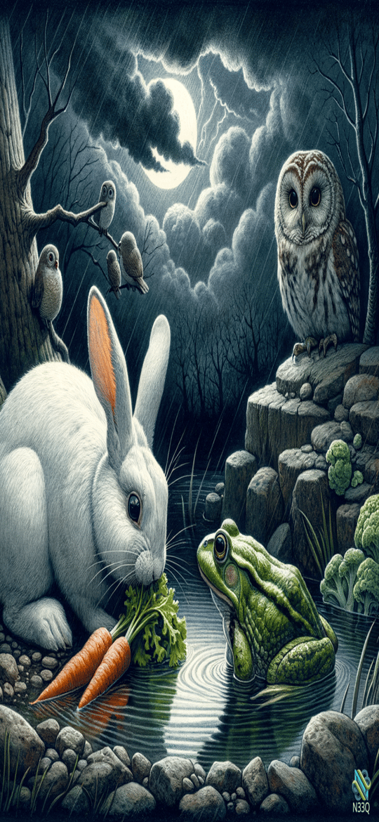 White Rabbit and Frog at Stormy Pond