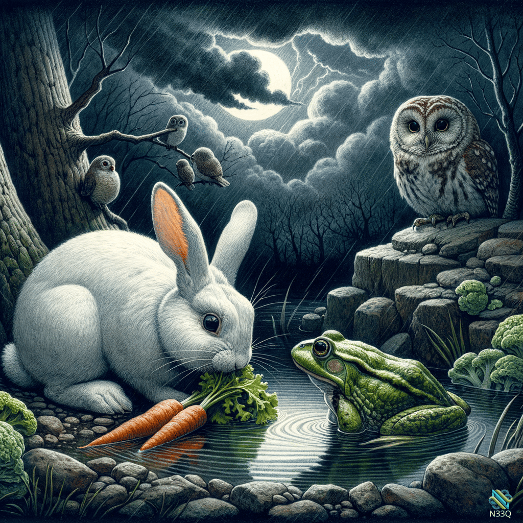 White Rabbit and Frog at Stormy Pond