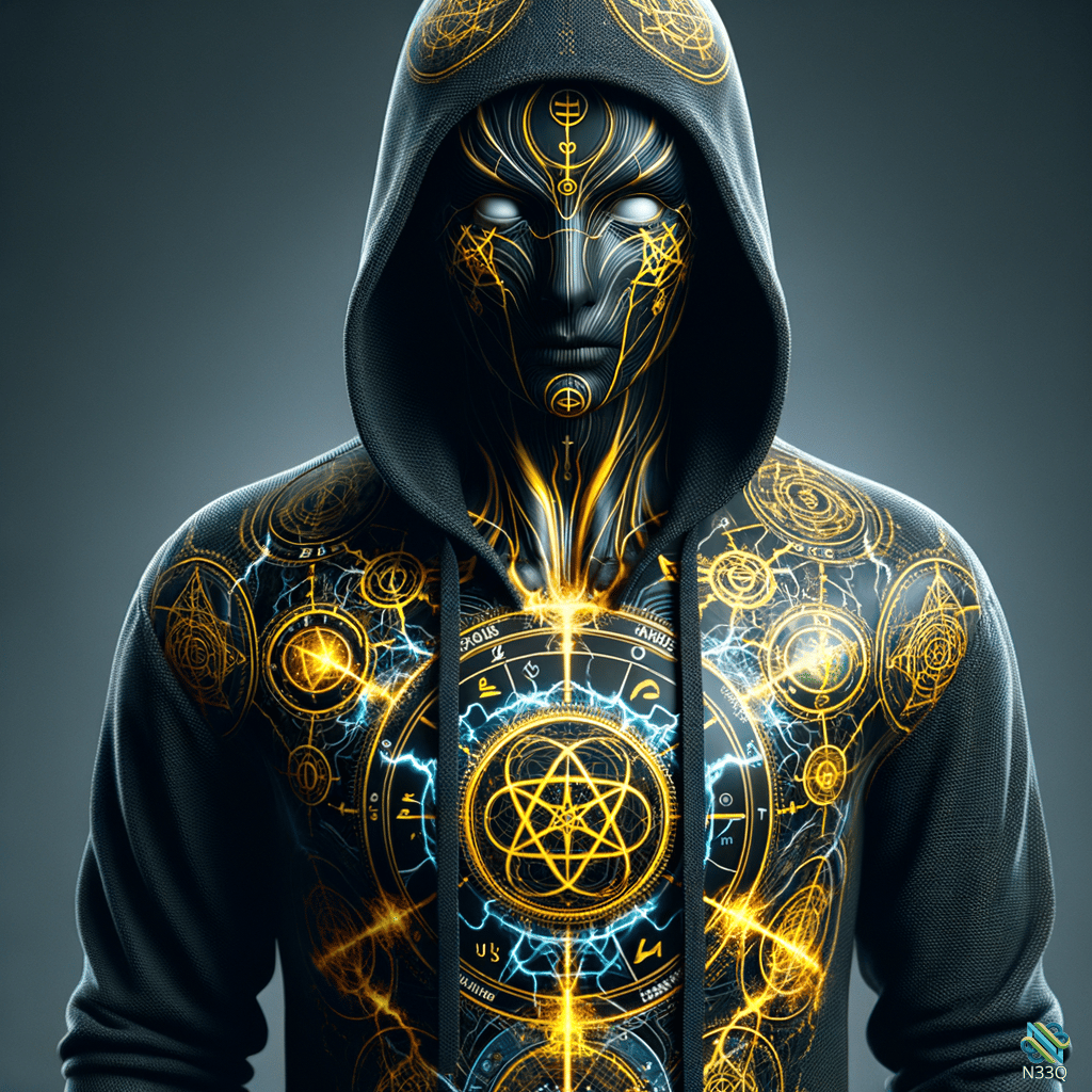 Hooded Figure with Glowing Esoteric Symbols