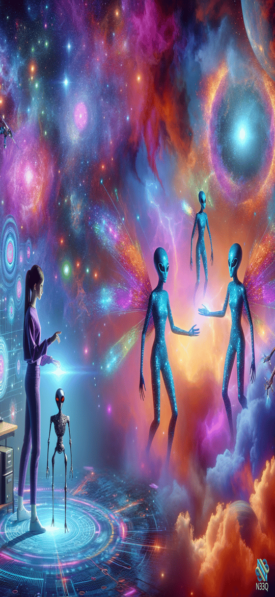 Woman Meeting Blue Aliens in Cosmic Nebula