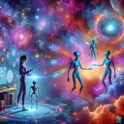 Woman Meeting Blue Aliens in Cosmic Nebula